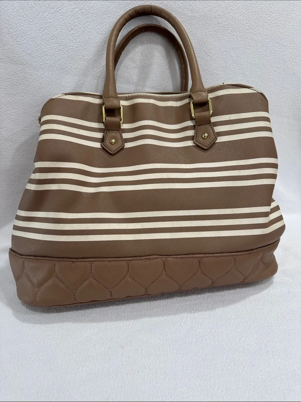 Betsey Johnson Brown and Cream Striped Satchel with Bow Charm